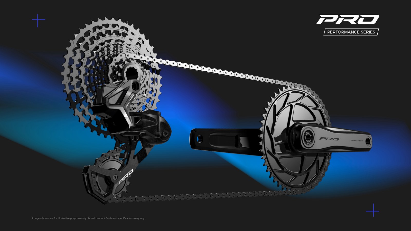 Groupset SENTYEH ECS complet - cassette, chaîne et pédalier PRO sur fond dégradé bleu