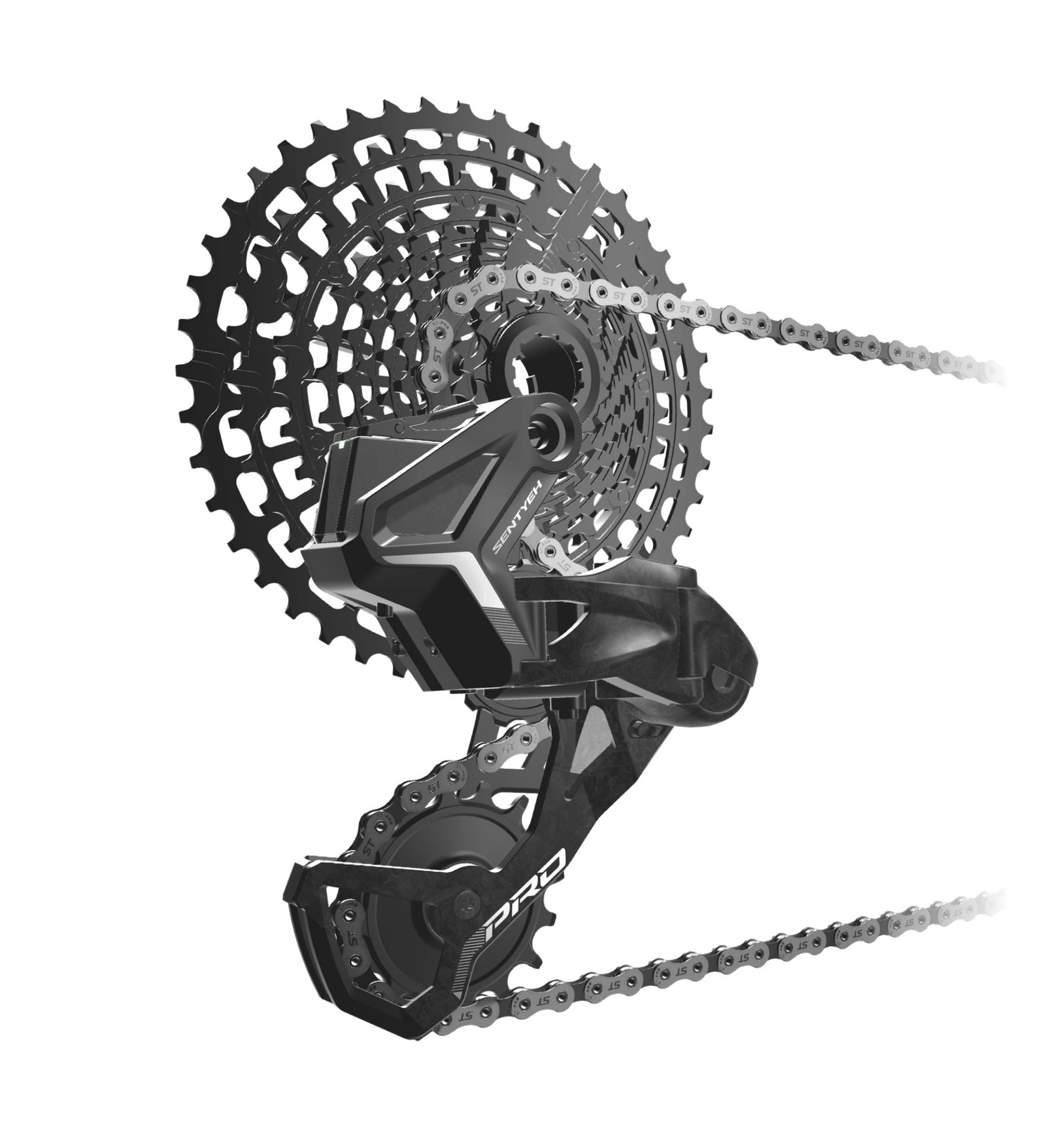 Cassette large amplitude et chaîne SENTYEH montées sur dérailleur électronique