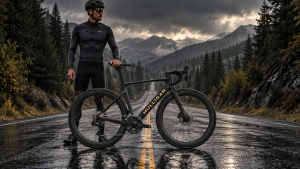 Vélo route aéro R18 PRO MULLIGAN noir avec lettrage or sur route de montagne
