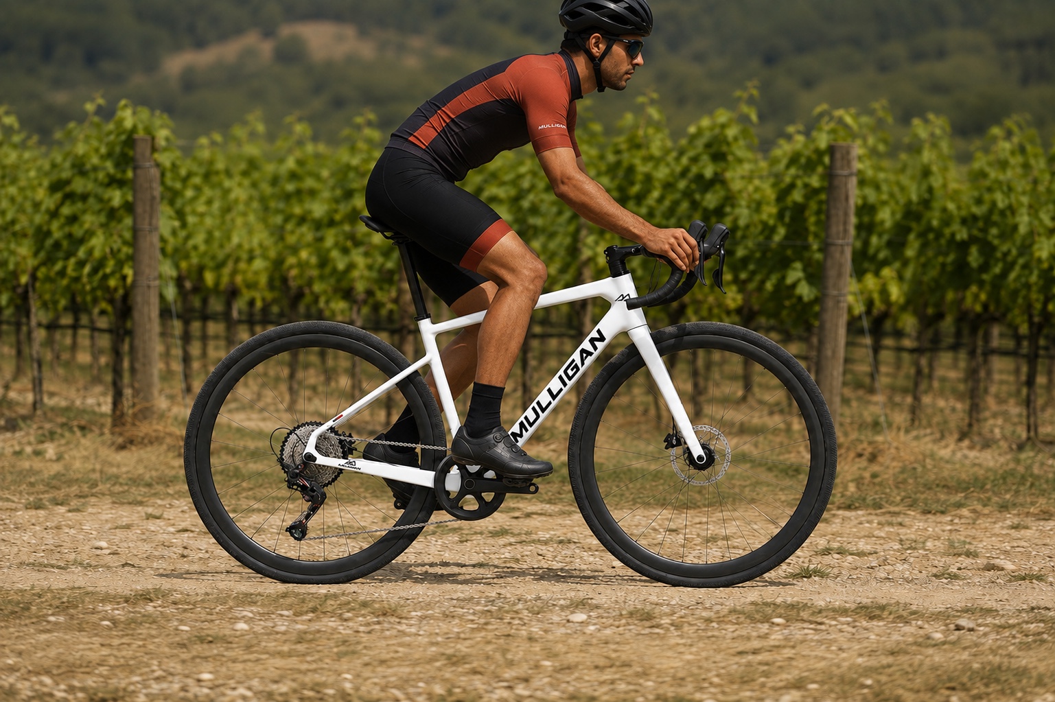 Vélo gravel carbone G1 MULLIGAN blanc sur un chemin viticole avec un cycliste roulant de gauche à droite de profil.