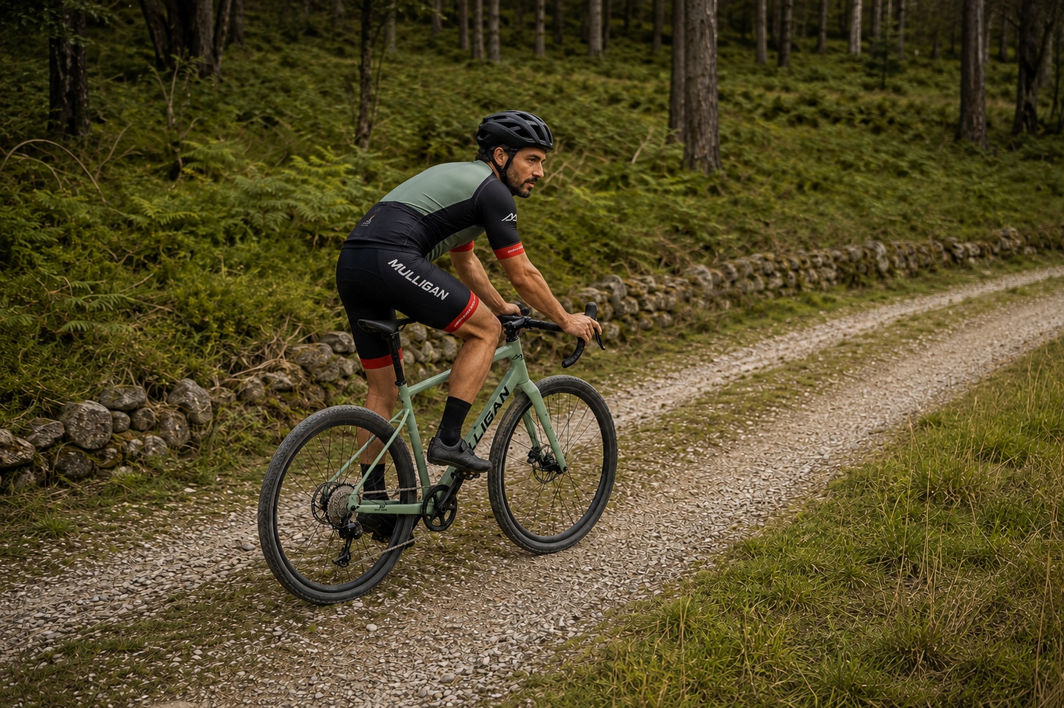 Vélo gravel aluminium G2 MULLIGAN vert sur un chemin forestier avec un cycliste roulant de gauche à droite en vue arrière.