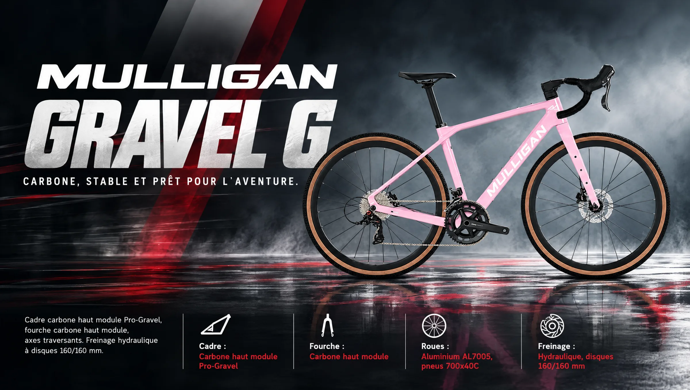 Mulligan Gravel G - vélo gravel carbone rose, freinage hydraulique