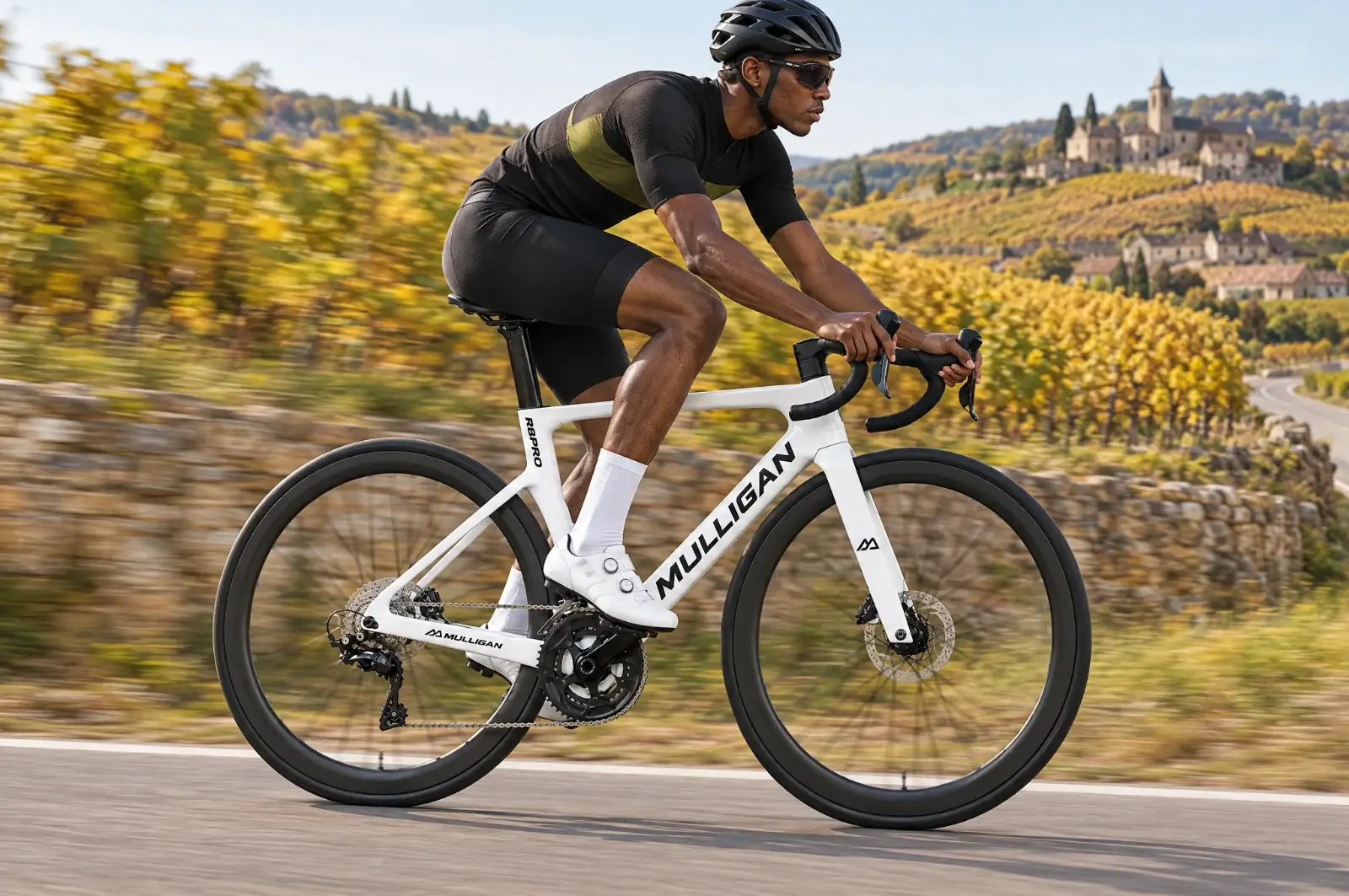 Cycliste sur vélo route carbone MULLIGAN R8PRO blanc à freins à disque dans les vignobles